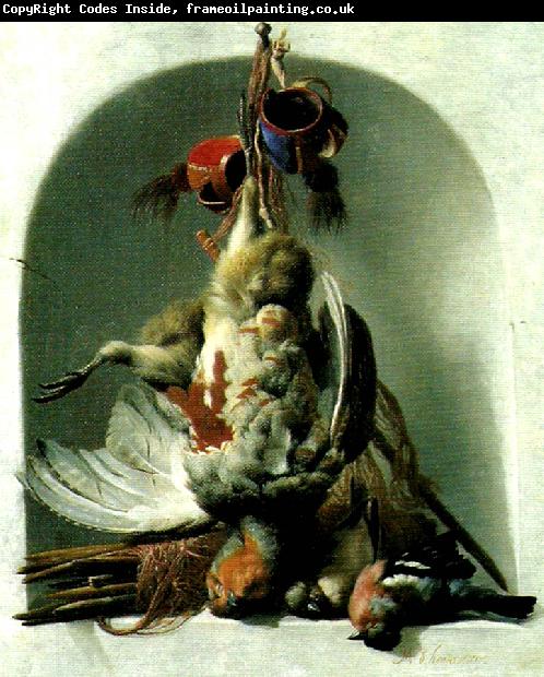 HONDECOETER, Melchior d stilleben med faglar och jaktredskap
